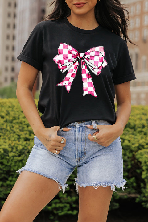 Black Checkerboard Bowknot Graphic Crewneck T Shirt