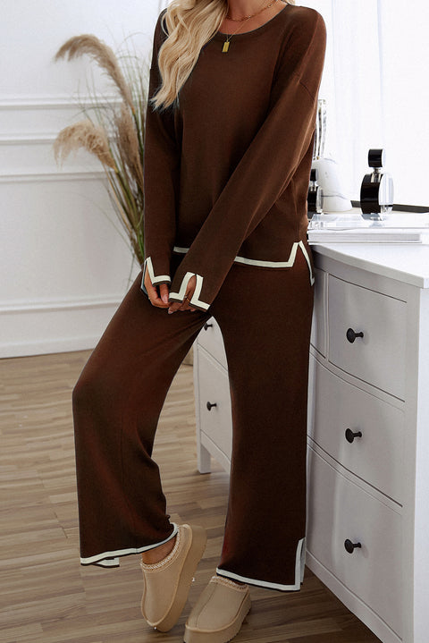 Coffee Contrast Trim Split Cuffs Long 2pcs Sweater Outfit Loungewear