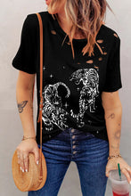 Black Tiger Print Cut Out Distressed O Neck T Shirt