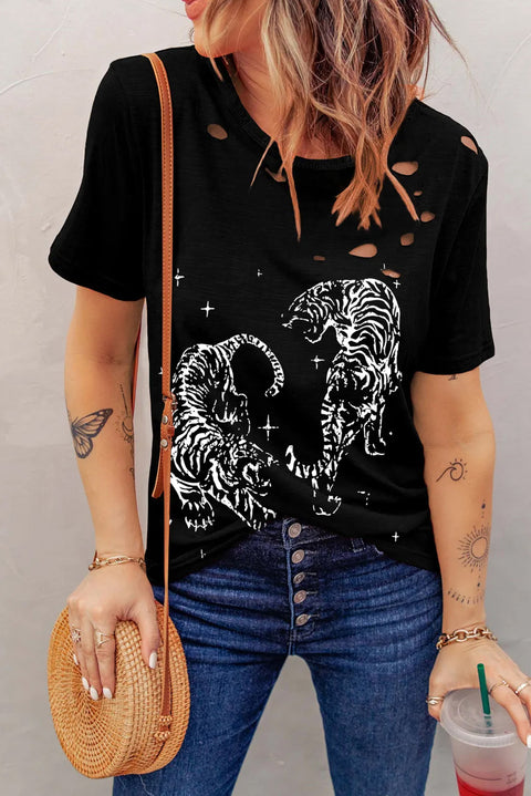 Black Tiger Print Cut Out Distressed O Neck T Shirt