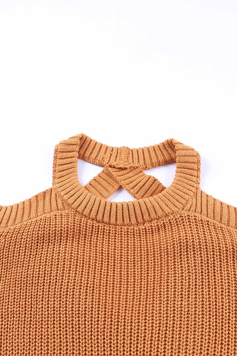 Crew Neck Cold Shoulder Hollow-out Back Sweater