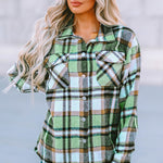 Green Geometric Plaid Print Pocketed Shacket