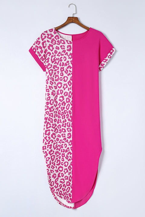 Contrast Solid Leopard Short Sleeve T-shirt Dress with Slits