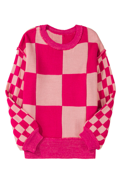 Rose Red Mixed Checkered Pattern Drop Shoulder Loose Sweater