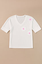 White Flower Applique Texture Knitted V Neck Top