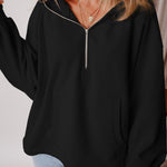 Black Fleece Lined Half Zipper Kangaroo Pockets Loose Hoodie