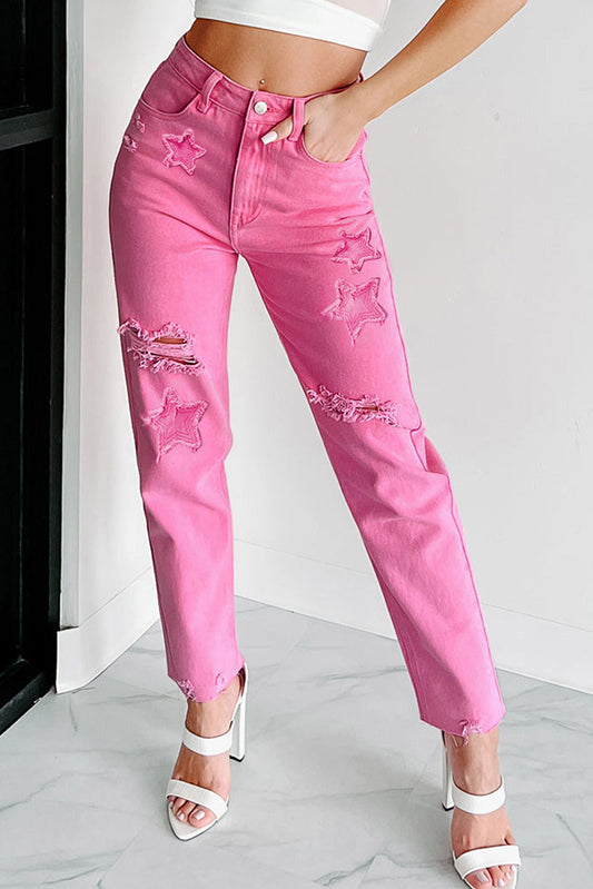 Star Shape Patchwork Mid Waist Straight Leg Jeans