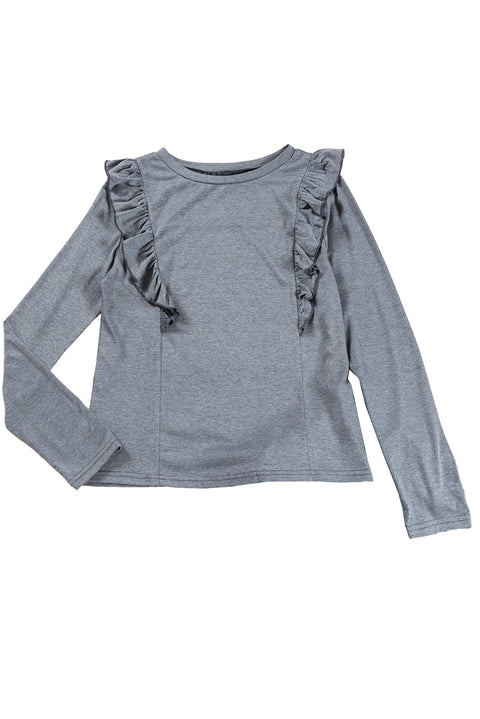 Dark Grey Solid Color Ruffled Crew Neck Long Sleeve Top