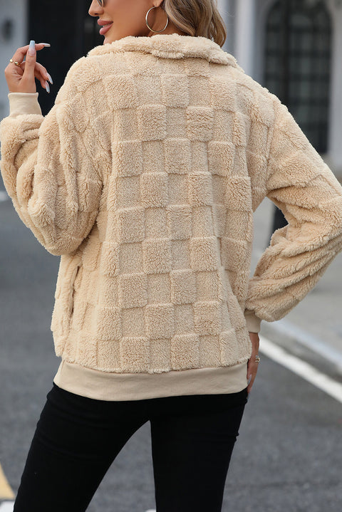 Apricot Checkered Plush Quarter Zipper Pullover Sweatshirt