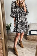 Black Leopard Print Elasticated V Neck 3/4 Puff Sleeve Dress