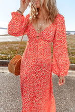 Red Floral Long Puff Sleeve V Neck Hollow Out Dress