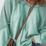 Mineral Blue Textured Patchwork Frilled Trim Plus Size Pullover Sweatshirt