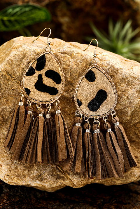 honey gold Boho Leopard Print Tasseled Hook Earrings