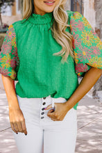 Bright Green Floral Puff Short Sleeve Ruffled Collar Button Back Top