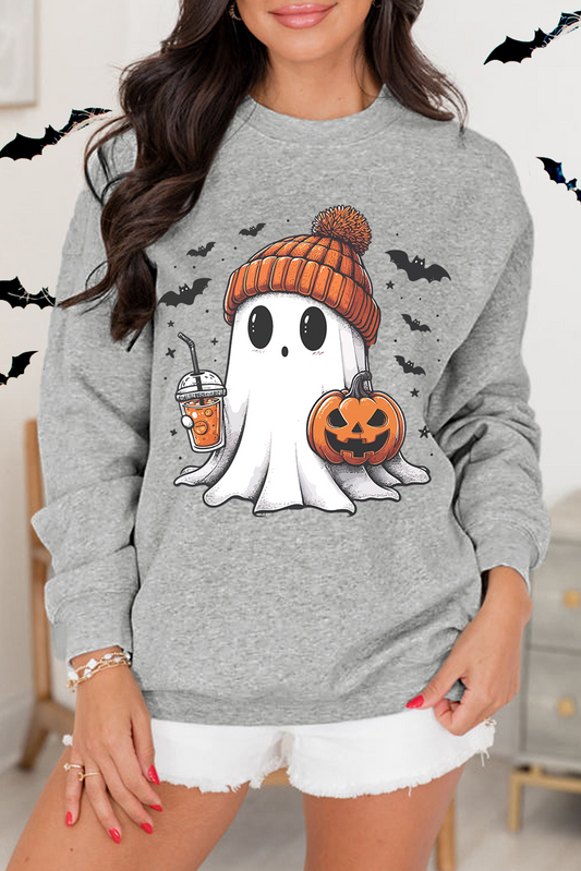 Gray Halloween Ghost Print Crewneck Drop Shoulder Sweatshirt