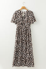 Khaki Leopard V Neck Cinched High Waist Open Back Maxi Dress