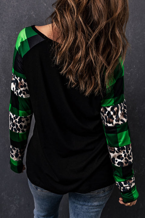 Green Leopard Plaid Patchwork Long Sleeve Rhinestone Lucky Clover Graphic Top