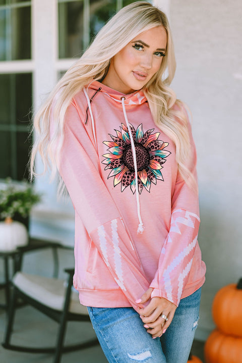 Pink Leopard Sunflower Aztec Print Drawstring Hoodie