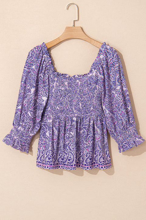 Purple Boho Paisley Print Half Sleeve Shirred Peplum Blouse