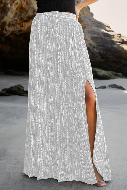 White Striped Printed Slit Wide Leg High Waist Pants