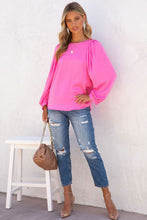 Pink Satin Puff Long Sleeve Crewneck Blouse