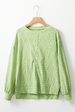 Light Green Solid Color Textured Side Split Crew Neck Blouse