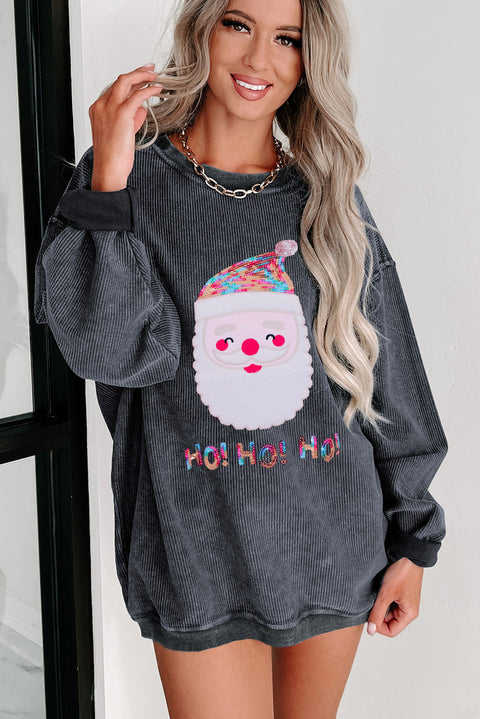 Black Sequin HO HO HO Santa Claus Graphic Corded Sweatshirt