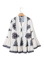 White Abstract Printed Bell Sleeve Buttoned Tiered Babydoll Blouse