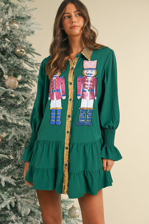 Evergreen Christmas Sequin Nutcracker Collared Shirt Ruffled Long Sleeve Mini Dress