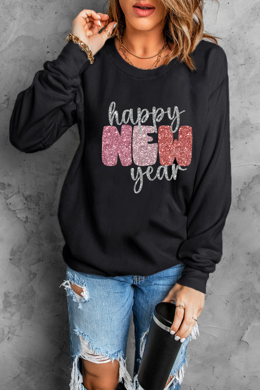 Black Glistening Happy New Year Graphic Sweatshirt