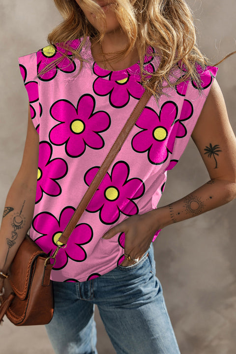 Pink Flower Print Round Neck Cap Sleeve T Shirt