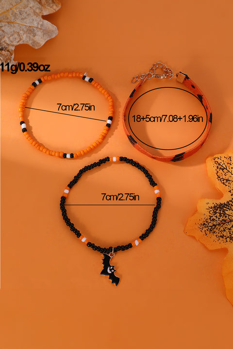 Russet Orange Halloween Bat Pendant Beaded Multi Layer Bracelet Set