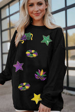 Black Sequin Star Doughnut Mask Graphic Mardi Gras Ribbed Sweatshirt