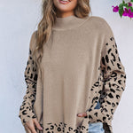 Khaki Leopard High Neck Side Slit Oversized Sweater