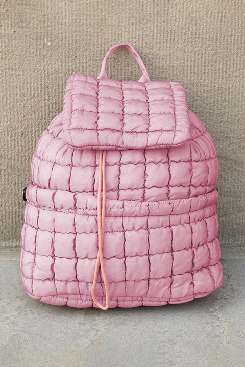 Pink Solid Flapped Quilted Puffer Backpack