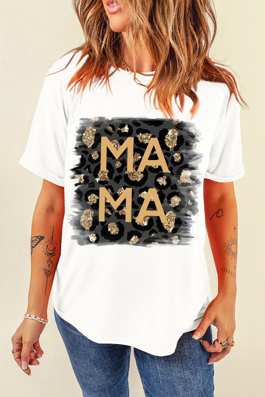 White MAMA Leopard Color Block Crew Neck Casual Tee