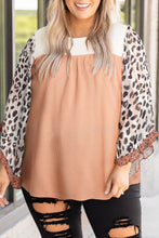 Khaki Printed Plus Ruffle Leopard Sleeve Waffled Color Block Top