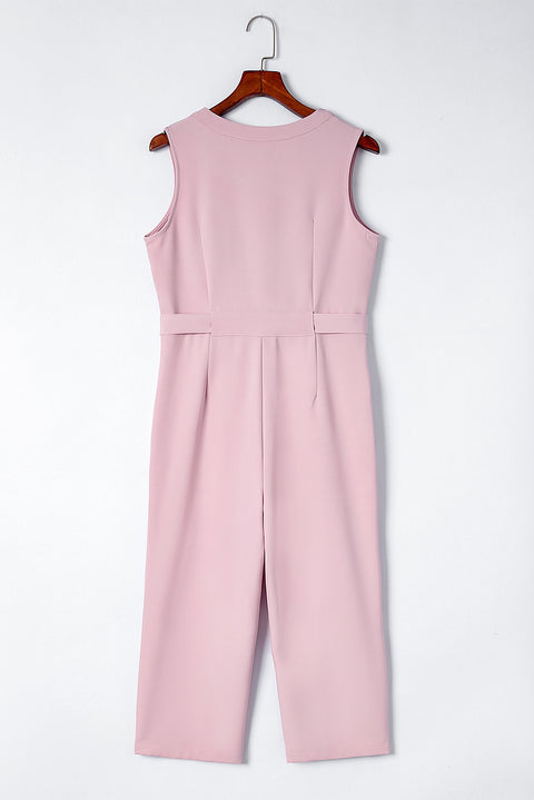 Buttoned Sleeveless Cropped Jumpsuit with Sash