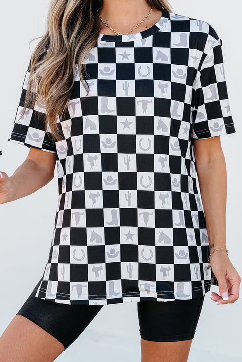 Black Western Fashion Checkerboard Print Side Split T Shirt