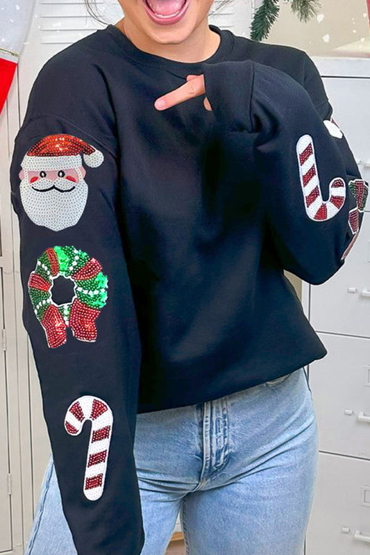 Sudadera con cuello redondo y lentejuelas con estampado navideño negro