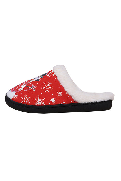 Fiery Red Christmas Snowman Print Plush Home Slippers