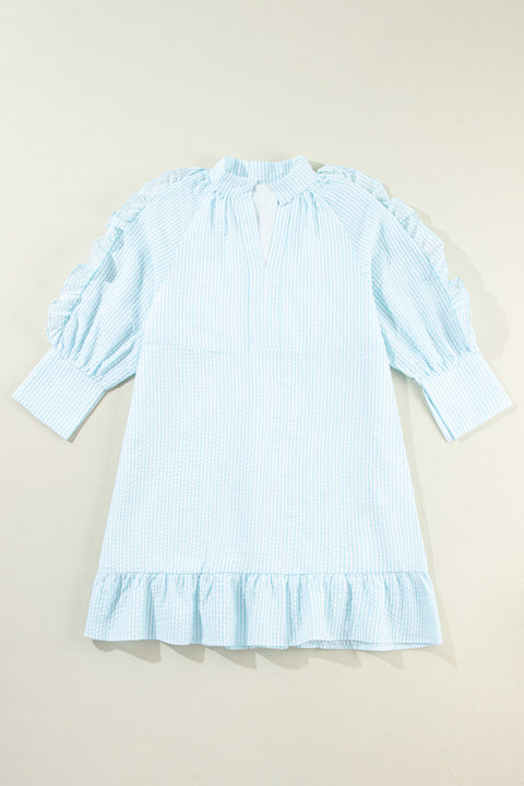 Myosotis Seersucker Ruffled Puff Sleeve Stand Neck Mini Dress