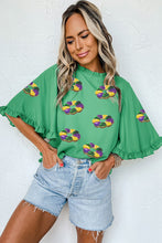 Green Sequin Doughnut Graphic Ruffled Trim Bell Sleeve Mardi Gras Blouse