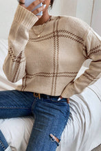 Khaki Plaid Pattern Knitted Drop Shoulder Sweater