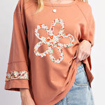 Grapefruit Orange Flower Patch Graphic Exposed Seam Wide Sleeve Top