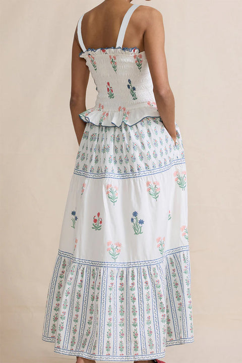 White Floral Print Smocked Ruffled Sleeveless Maxi Dress