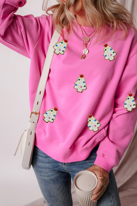 Bonbon Christmas Tree Patch Pattern Crew Neck Sweatshirt