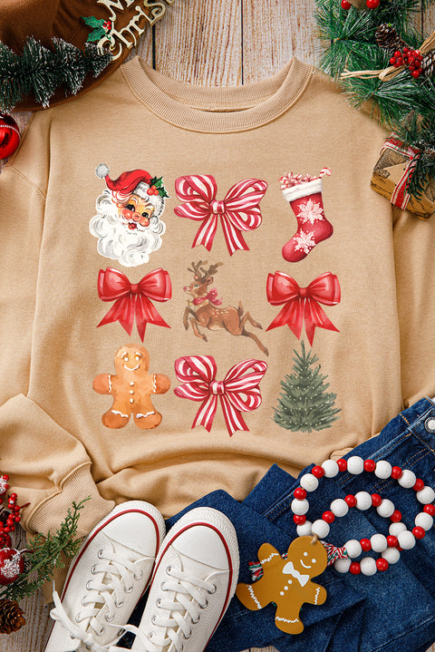 Khaki Christmas Pattern Graphic Crew Neck Sweatshirt