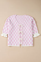 Light Pink Checkered Knitted Lace-up Ruffled 3/4 Sleeve Cardigan