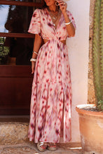 Pink Abstract Printed Flutter Sleeve Daring Cutout Long Dress